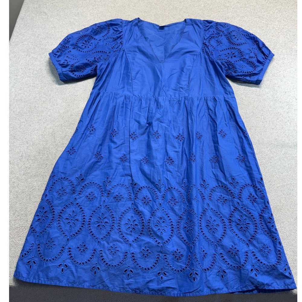 Old Navy V-Neck Eyelet Mini Dress Women M Crayon Blue Cotton Puff Sleeve Boho